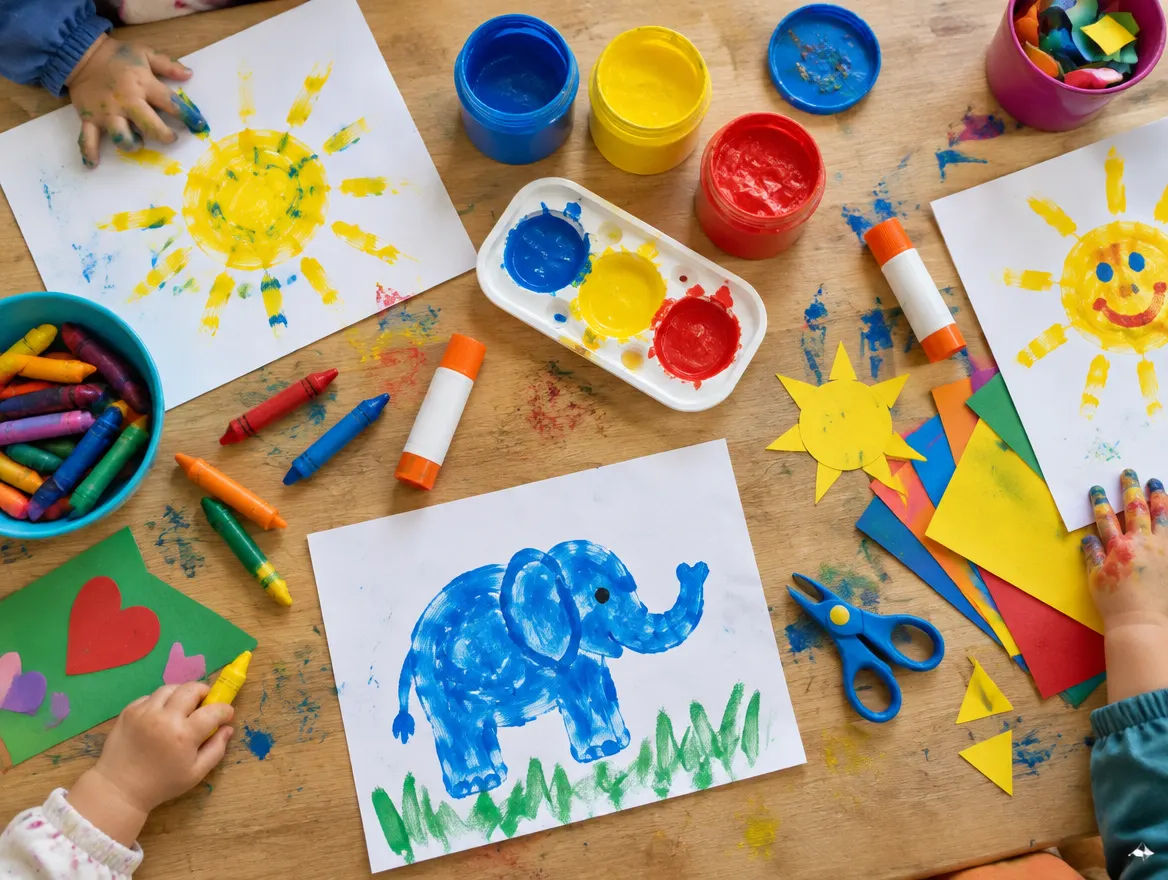 Children's paintings of suns and an elephant on an art table