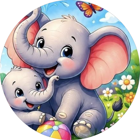 Two smiling cartoon elephants, the Little Stompers mascot