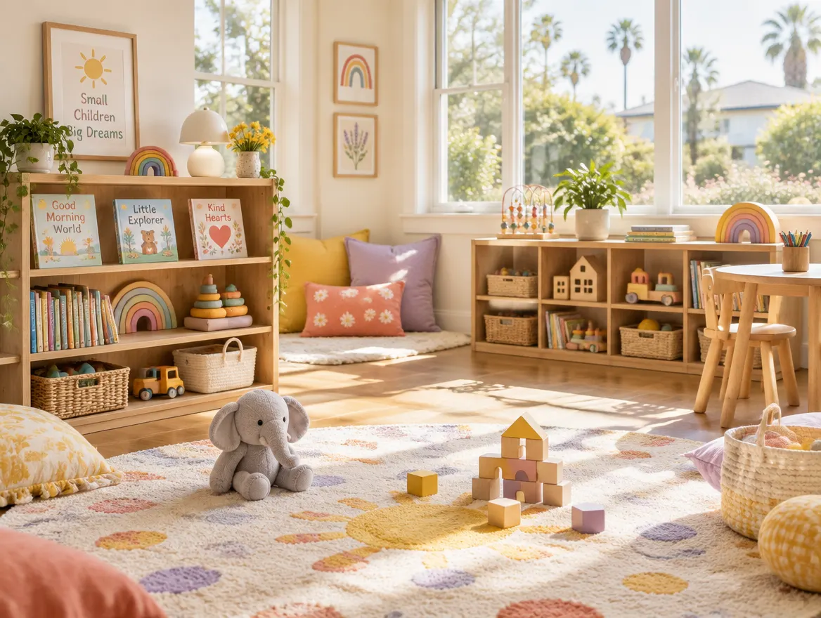 A bright, tidy playroom with picture books, wooden blocks and a soft rug