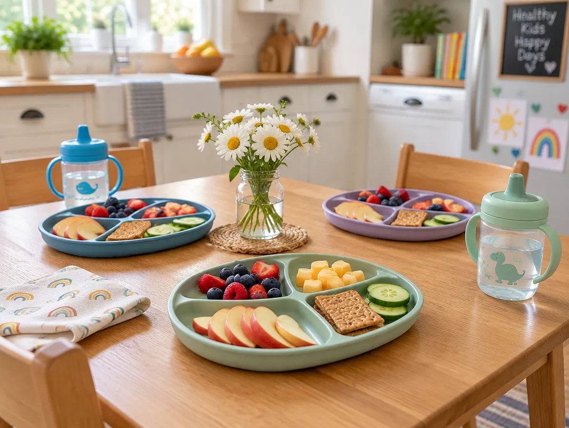 Toddler plates with fruit, cheese, crackers and cucumber
