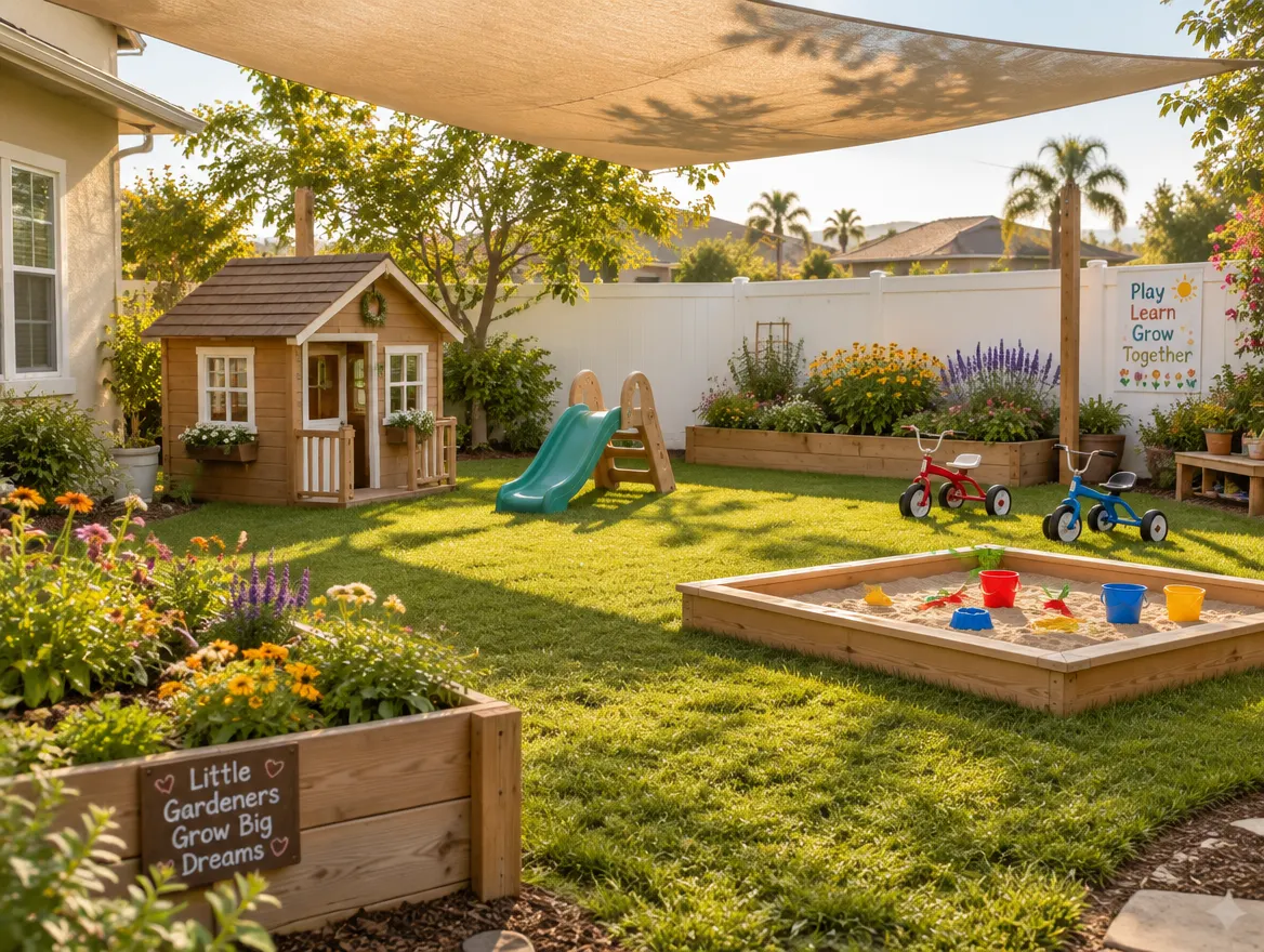 Backyard with a playhouse, slide, sandbox and garden bed